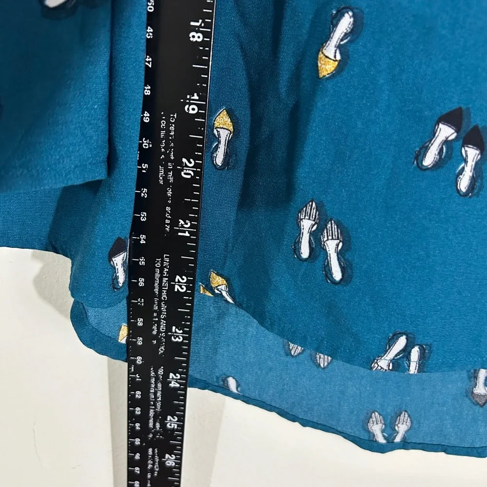 Apt 9 Teal Shoe Print Blouse Ruffle Bell Sleeves Top, Size S - Picture 3 of 10